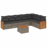 8-Piece Garden Sofa Set with Cushions Grey Poly Rattan Wicker Outdoor Patio Furniture