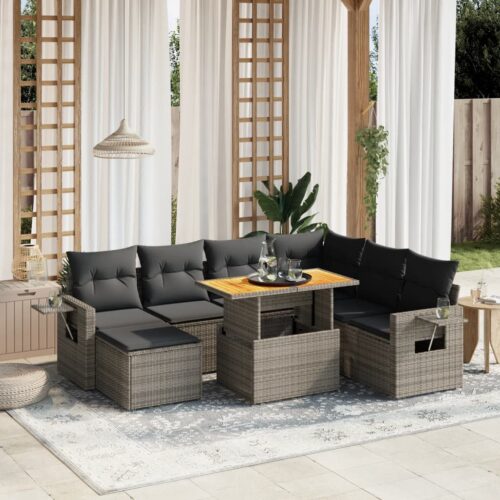 8-Piece Garden Sofa Set with Cushions Grey Poly Rattan Wicker Outdoor Patio Furniture - Image 2