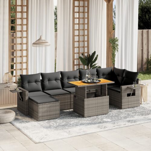 8-Piece Garden Sofa Set with Cushions Grey Poly Rattan Wicker Outdoor Patio Furniture - Image 2