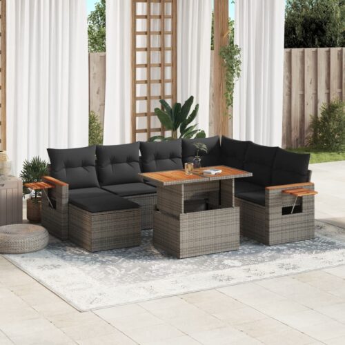 8-Piece Garden Sofa Set with Cushions Grey Poly Rattan Wicker Outdoor Patio Furniture - Image 2