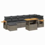 8-Piece Garden Sofa Set with Cushions Grey Poly Rattan Wicker Outdoor Patio Furniture