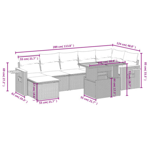 8-Piece Garden Sofa Set with Cushions Grey Poly Rattan Wicker Outdoor Patio Furniture - Image 3