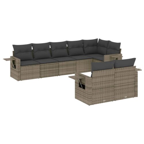8-Piece Garden Sofa Set with Cushions Grey Poly Rattan Wicker Outdoor Patio Furniture