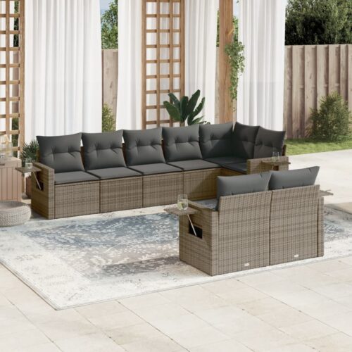 8-Piece Garden Sofa Set with Cushions Grey Poly Rattan Wicker Outdoor Patio Furniture - Image 2