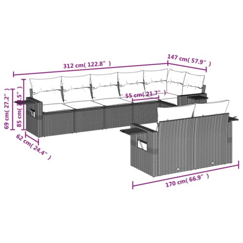 8-Piece Garden Sofa Set with Cushions Grey Poly Rattan Wicker Outdoor Patio Furniture - Image 8