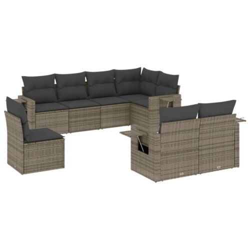 8-Piece Garden Sofa Set with Cushions Grey Poly Rattan Wicker Outdoor Patio Furniture