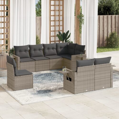 8-Piece Garden Sofa Set with Cushions Grey Poly Rattan Wicker Outdoor Patio Furniture - Image 2