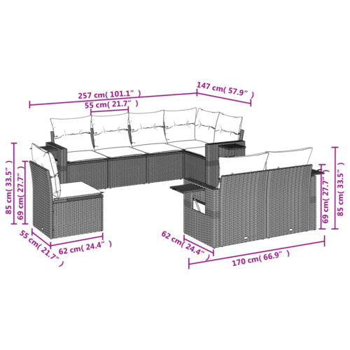 8-Piece Garden Sofa Set with Cushions Grey Poly Rattan Wicker Outdoor Patio Furniture - Image 8