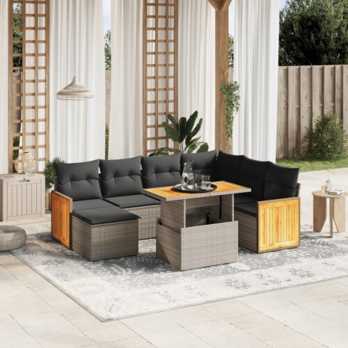 8-Piece Garden Sofa Set with Cushions Grey Poly Rattan Wicker Outdoor Patio Furniture - Image 2