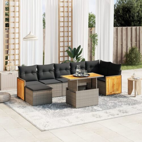 8-Piece Garden Sofa Set with Cushions Grey Poly Rattan Wicker Outdoor Patio Furniture - Image 2