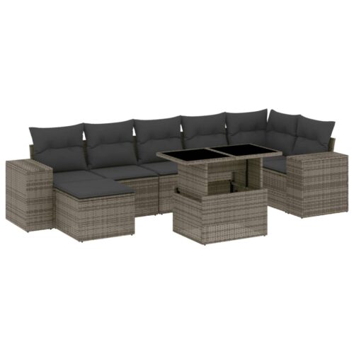 8-Piece Garden Sofa Set with Cushions Grey Poly Rattan Wicker Outdoor Patio Furniture