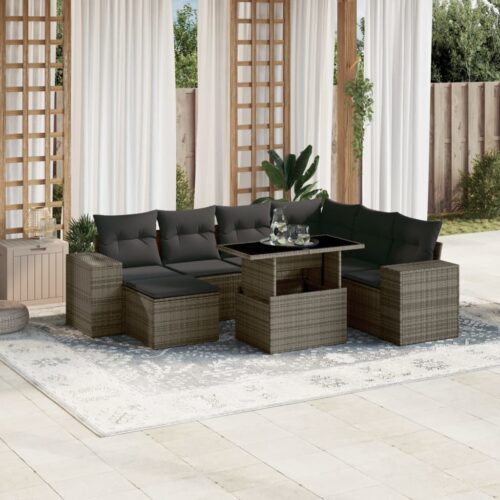 8-Piece Garden Sofa Set with Cushions Grey Poly Rattan Wicker Outdoor Patio Furniture - Image 2