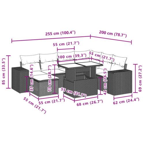 8-Piece Garden Sofa Set with Cushions Grey Poly Rattan Wicker Outdoor Patio Furniture - Image 10
