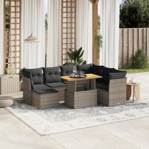 8-Piece Garden Sofa Set with Cushions Grey Poly Rattan Wicker Outdoor Patio Furniture - Image 2