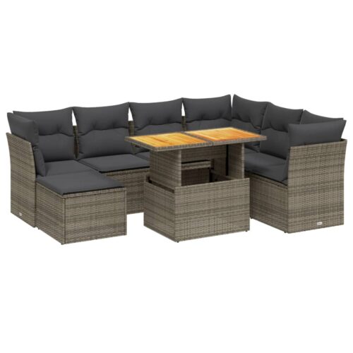8-Piece Garden Sofa Set with Cushions Grey Poly Rattan Wicker Outdoor Patio Furniture - Image 6