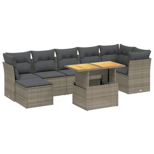 8-Piece Garden Sofa Set with Cushions Grey Poly Rattan Wicker Outdoor Patio Furniture