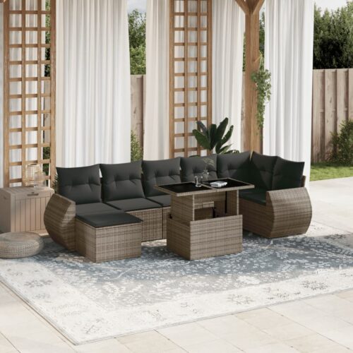 8-Piece Garden Sofa Set with Cushions Grey Poly Rattan Wicker Outdoor Patio Furniture - Image 2