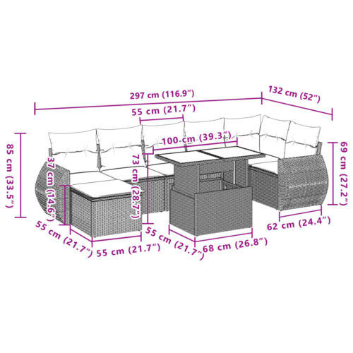 8-Piece Garden Sofa Set with Cushions Grey Poly Rattan Wicker Outdoor Patio Furniture - Image 10