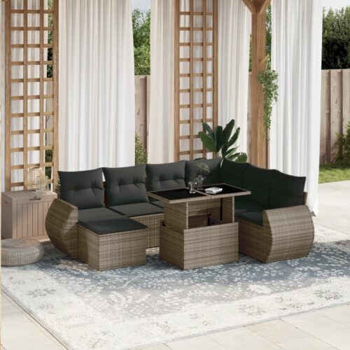 8-Piece Garden Sofa Set with Cushions Grey Poly Rattan Wicker Outdoor Patio Furniture - Image 2