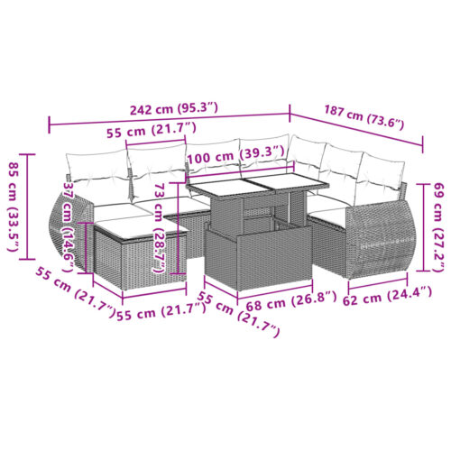 8-Piece Garden Sofa Set with Cushions Grey Poly Rattan Wicker Outdoor Patio Furniture - Image 10