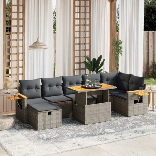 8-Piece Garden Sofa Set with Cushions Grey Poly Rattan Wicker Outdoor Patio Furniture - Image 2