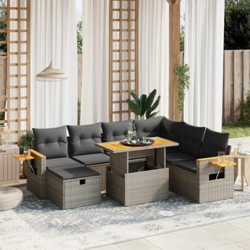 8-Piece Garden Sofa Set with Cushions Grey Poly Rattan Wicker Outdoor Patio Furniture - Image 2