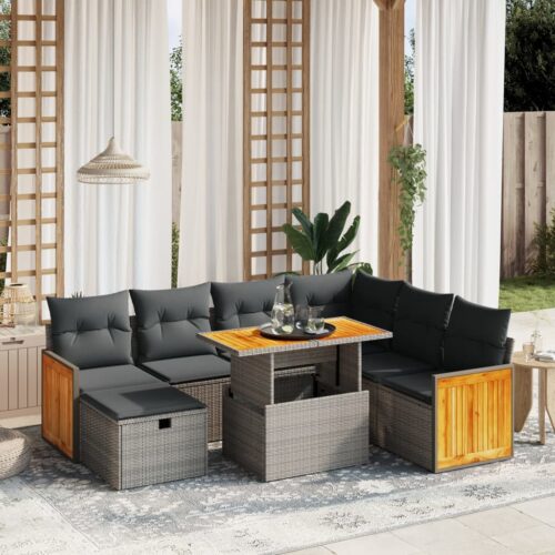 8-Piece Garden Sofa Set with Cushions Grey Poly Rattan Wicker Outdoor Patio Furniture - Image 2
