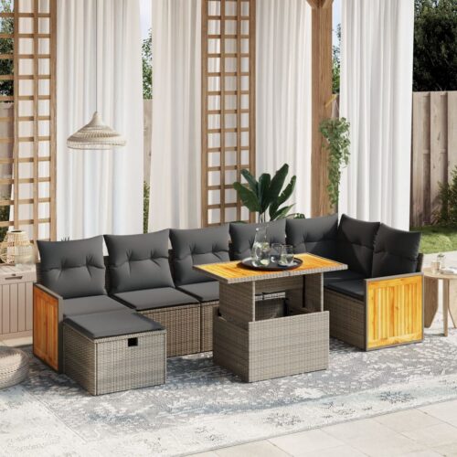 8-Piece Garden Sofa Set with Cushions Grey Poly Rattan Wicker Outdoor Patio Furniture - Image 2