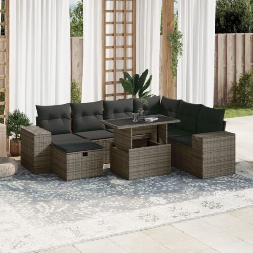 8-Piece Garden Sofa Set with Cushions Grey Poly Rattan Wicker Outdoor Patio Furniture - Image 2