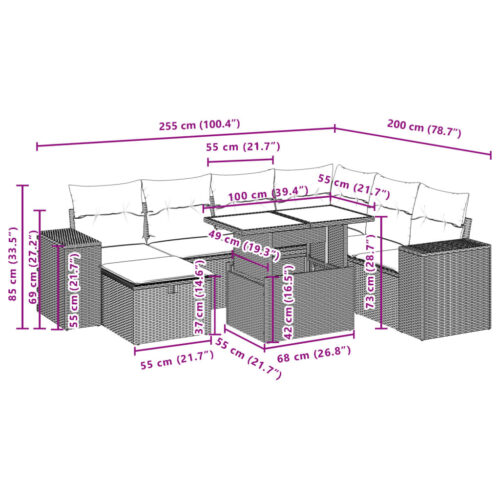 8-Piece Garden Sofa Set with Cushions Grey Poly Rattan Wicker Outdoor Patio Furniture - Image 12