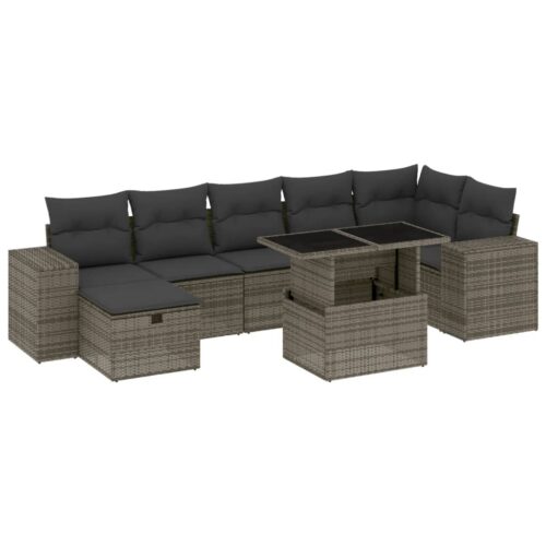 8-Piece Garden Sofa Set with Cushions Grey Poly Rattan Wicker Outdoor Patio Furniture