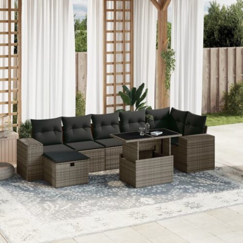 8-Piece Garden Sofa Set with Cushions Grey Poly Rattan Wicker Outdoor Patio Furniture - Image 2