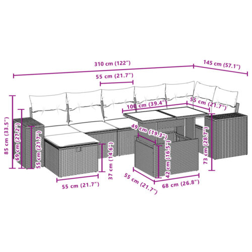 8-Piece Garden Sofa Set with Cushions Grey Poly Rattan Wicker Outdoor Patio Furniture - Image 12