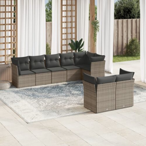 8-Piece Garden Sofa Set with Cushions Grey Poly Rattan Wicker Outdoor Patio Furniture - Image 2