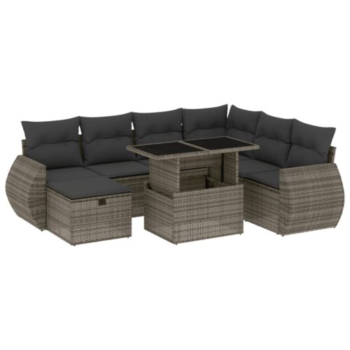 8-Piece Garden Sofa Set with Cushions Grey Poly Rattan Wicker Outdoor Patio Furniture