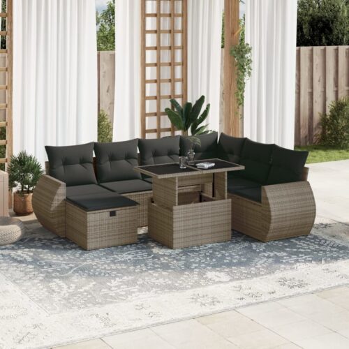8-Piece Garden Sofa Set with Cushions Grey Poly Rattan Wicker Outdoor Patio Furniture - Image 2