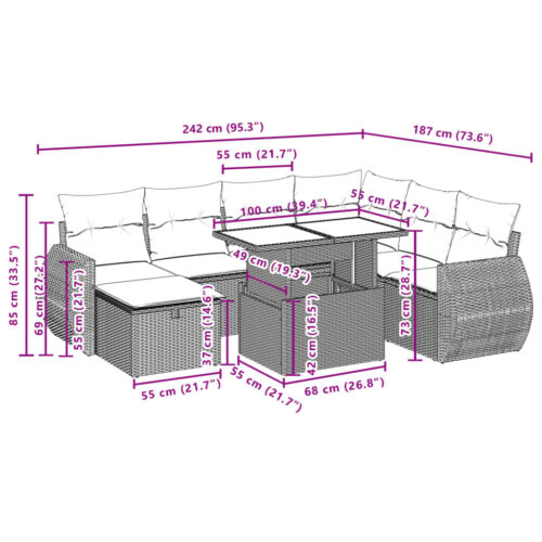 8-Piece Garden Sofa Set with Cushions Grey Poly Rattan Wicker Outdoor Patio Furniture - Image 12