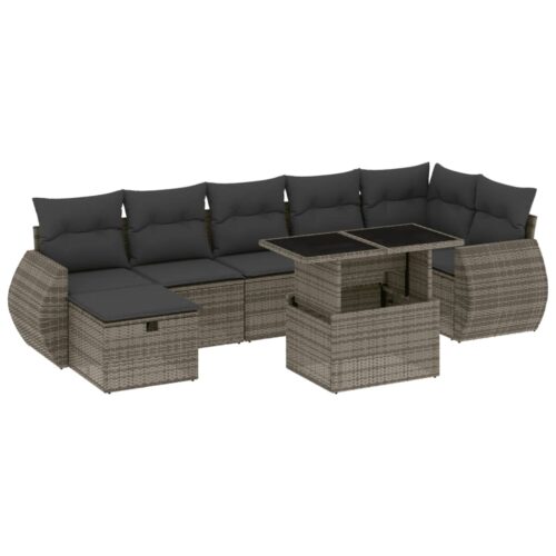 8-Piece Garden Sofa Set with Cushions Grey Poly Rattan Wicker Outdoor Patio Furniture