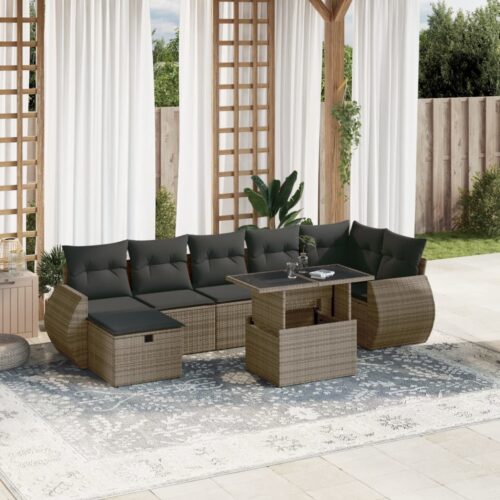 8-Piece Garden Sofa Set with Cushions Grey Poly Rattan Wicker Outdoor Patio Furniture - Image 2