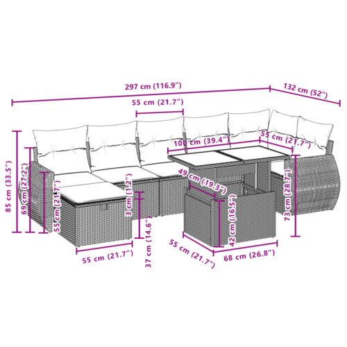 8-Piece Garden Sofa Set with Cushions Grey Poly Rattan Wicker Outdoor Patio Furniture - Image 12
