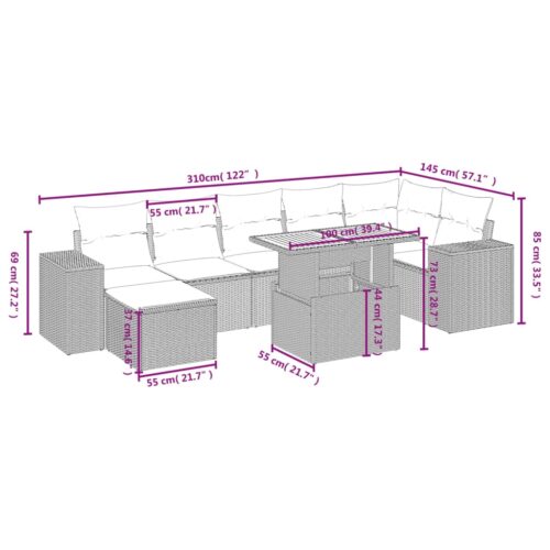 8-Piece Garden Sofa Set with Cushions Grey Poly Rattan Wicker Outdoor Patio Furniture - Image 4