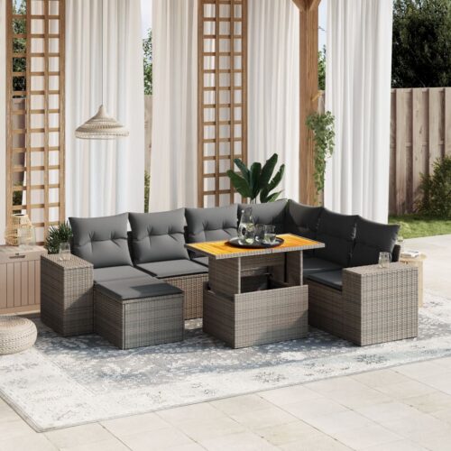 8-Piece Garden Sofa Set with Cushions Grey Poly Rattan Wicker Outdoor Patio Furniture - Image 2