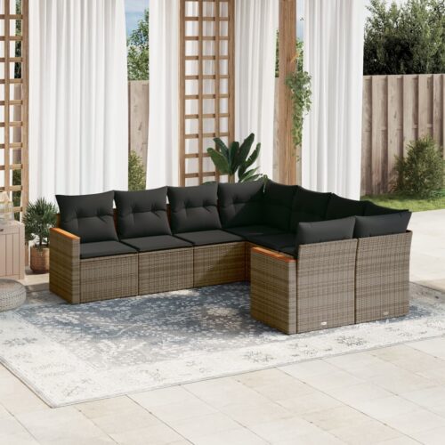 8-Piece Garden Sofa Set with Cushions Grey Poly Rattan Wicker Outdoor Patio Furniture - Image 2
