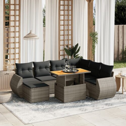 8-Piece Garden Sofa Set with Cushions Grey Poly Rattan Wicker Outdoor Patio Furniture - Image 2