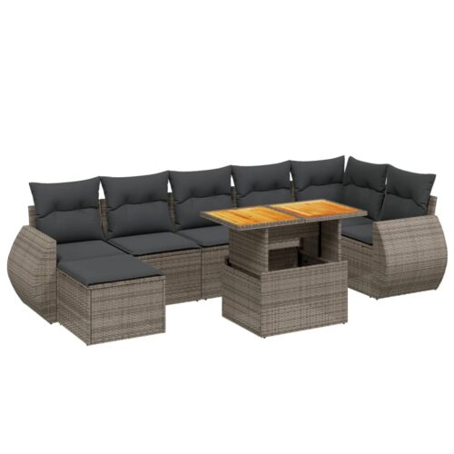 8-Piece Garden Sofa Set with Cushions Grey Poly Rattan Wicker Outdoor Patio Furniture - Image 6