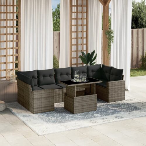 8-Piece Garden Sofa Set with Cushions Grey Poly Rattan Wicker Outdoor Patio Furniture - Image 2