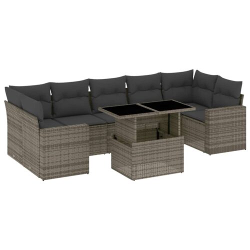 8-Piece Garden Sofa Set with Cushions Grey Poly Rattan Wicker Outdoor Patio Furniture - Image 13
