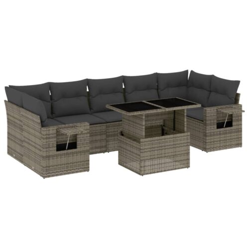 8-Piece Garden Sofa Set with Cushions Grey Poly Rattan Wicker Outdoor Patio Furniture