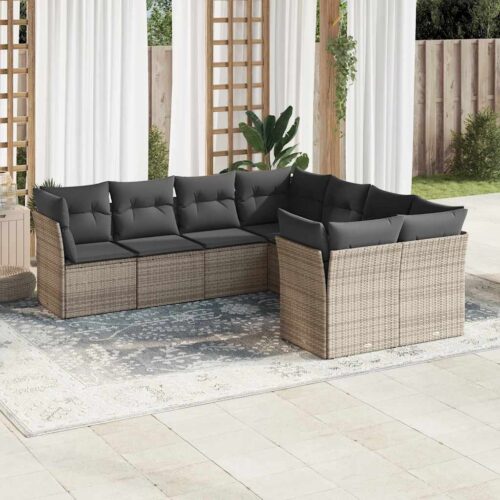 8-Piece Garden Sofa Set with Cushions Grey Poly Rattan Wicker Outdoor Patio Furniture - Image 2