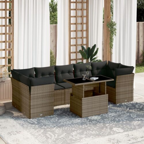 8-Piece Garden Sofa Set with Cushions Grey Poly Rattan Wicker Outdoor Patio Furniture - Image 2